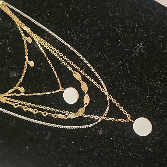 Gold Tone White Pearlized Round Shell Multi Chain Layered Necklace - Picture 2 of 4